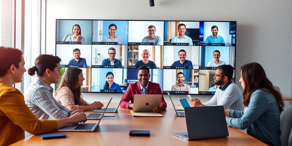 Participants engaged in a virtual meeting with laptops.