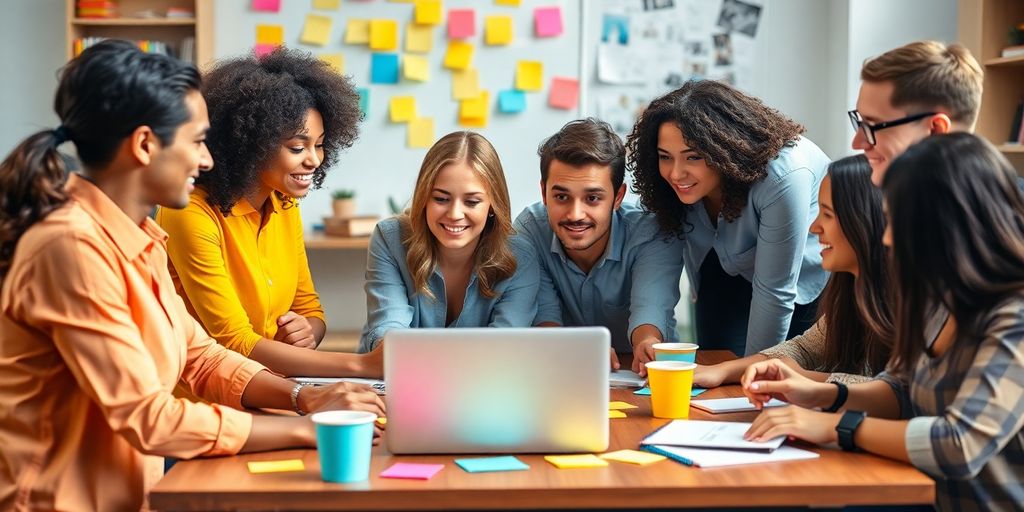 Group of professionals collaborating at a vibrant workspace.