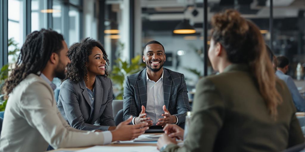 Diverse team members collaborating in a modern office setting.