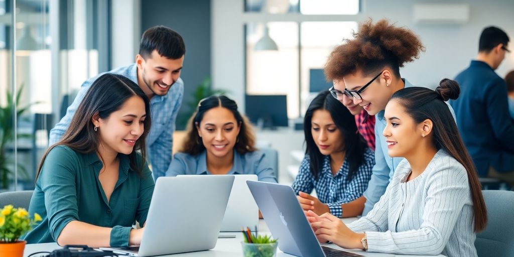 Diverse team collaborating in a bright office environment.