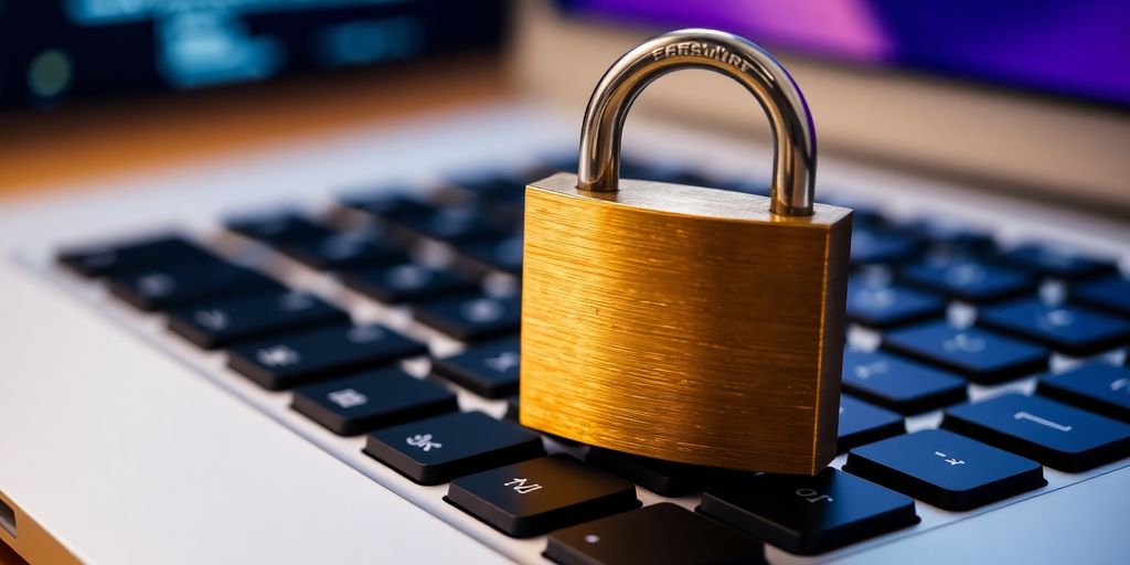 Close-up of a padlock on a laptop keyboard.