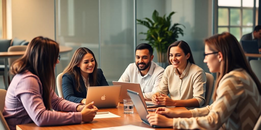 Small business team collaborating in a modern meeting room.