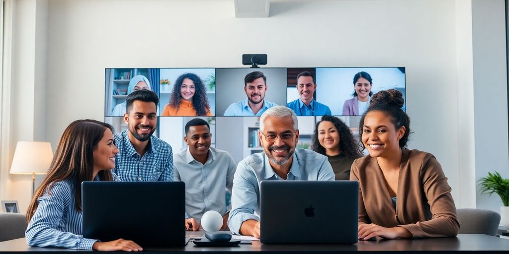 Diverse team in a video conference setting, focused and engaged.