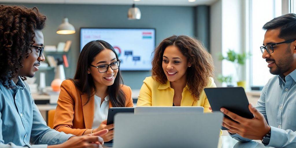 Group of professionals in a productive online meeting.