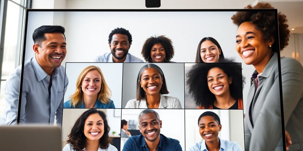 Diverse professionals in a virtual meeting on video call.