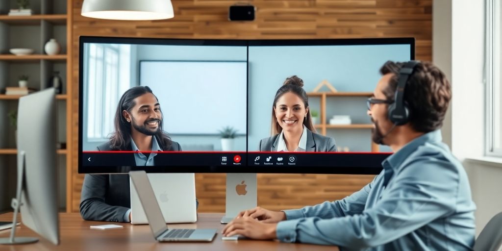 Sales team on a video call in a modern workspace.