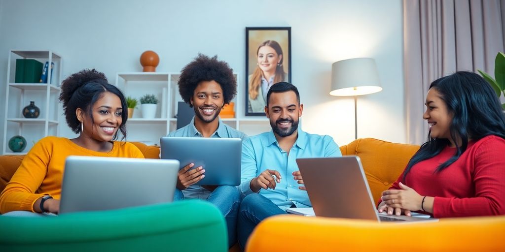 Diverse professionals in a virtual meeting from home.