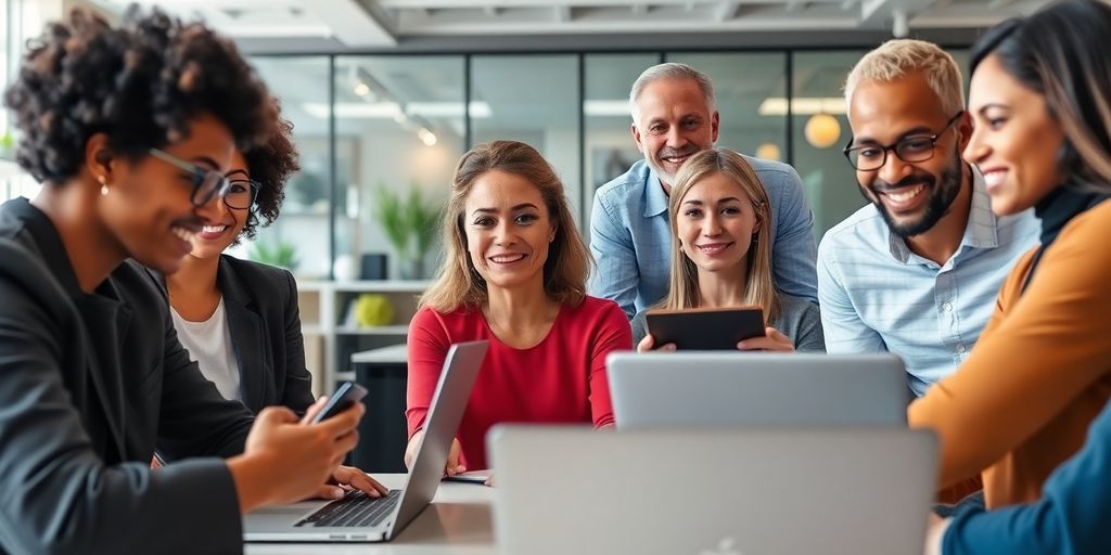 Diverse professionals engaged in a virtual meeting in an office.