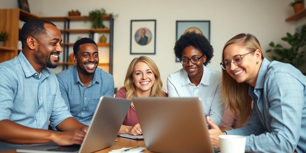 Group video call with smiling participants in a cozy setting.