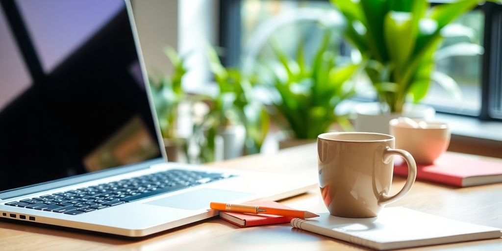 A modern workspace with a laptop and coffee.