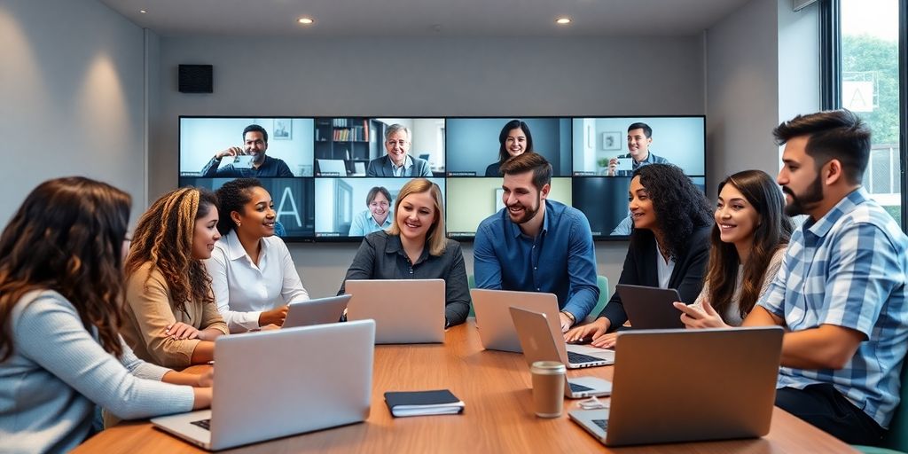 Diverse team collaborating in a virtual breakout room.