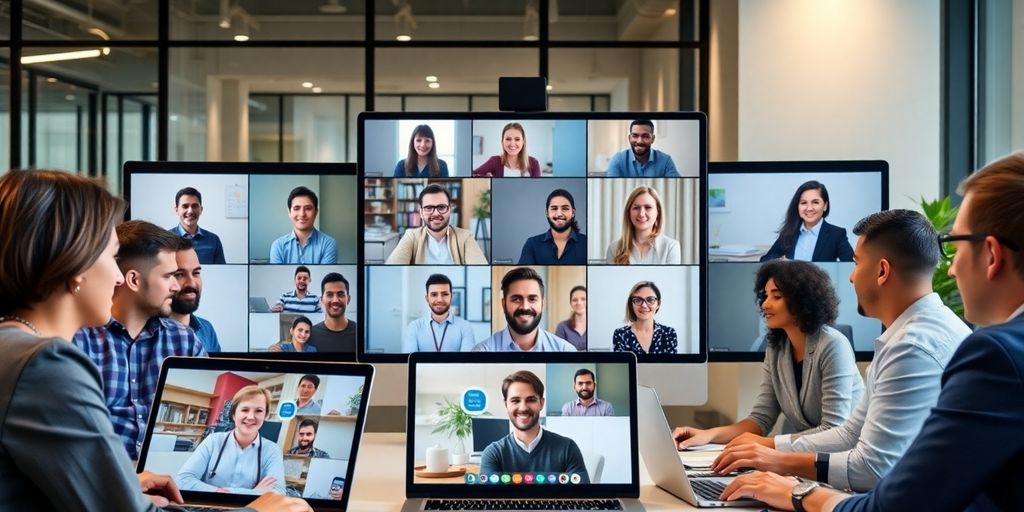 Diverse team on a video call in a modern office.