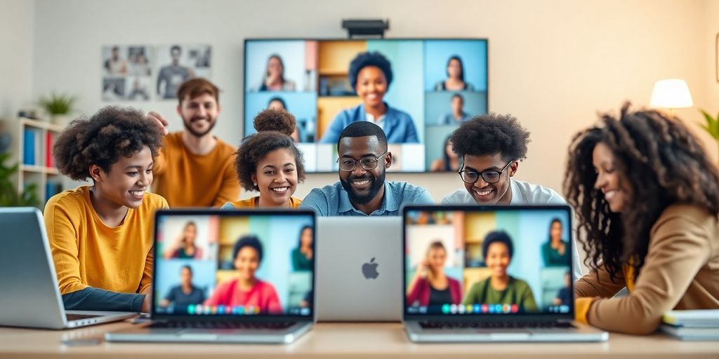 Students engaging in a video conference for online education.