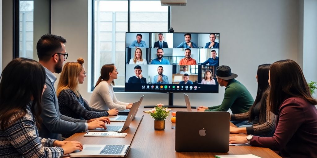 Professionals in a video conference in a modern office.