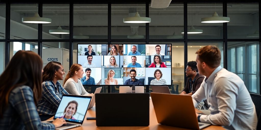 Diverse professionals in an office on a video call.