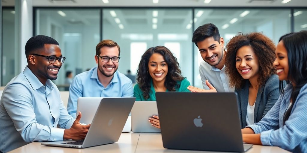 Diverse professionals engaged in a lively online meeting.