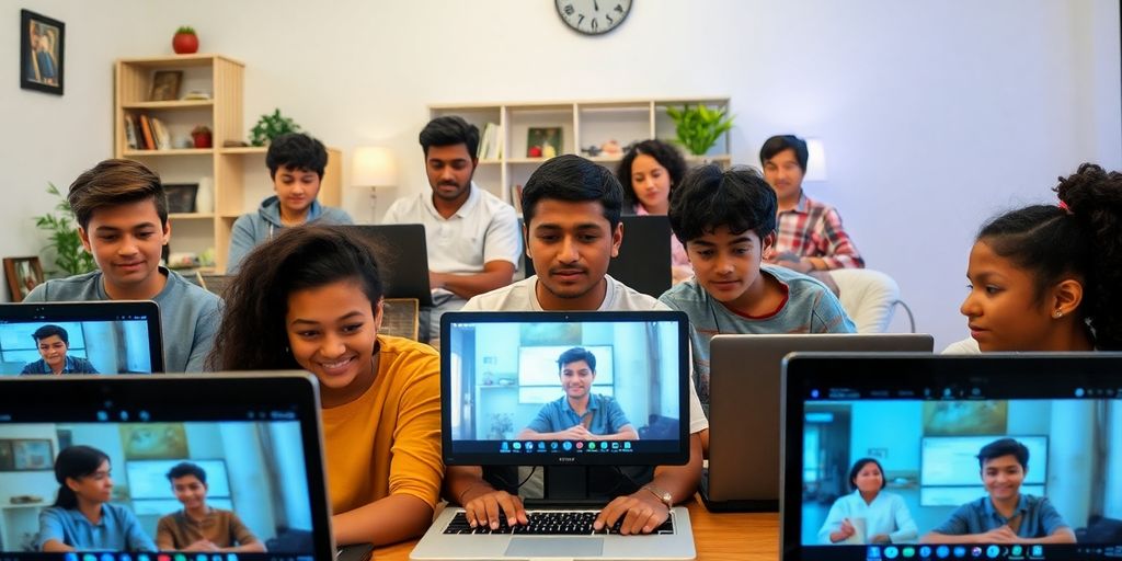 Students on video call in diverse home settings.