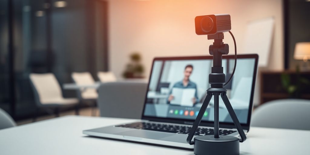 Secure video conferencing setup with laptop and camera.