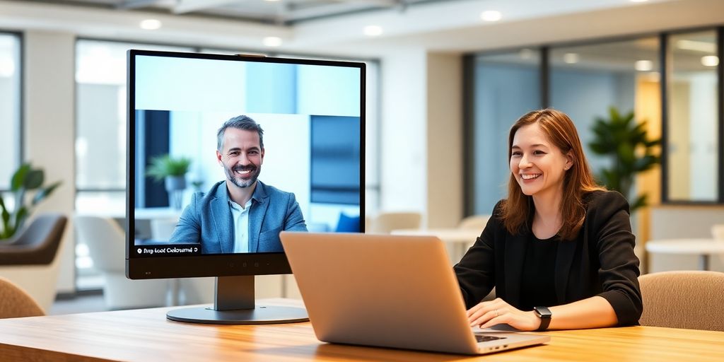 Two people on a video call in a modern office.