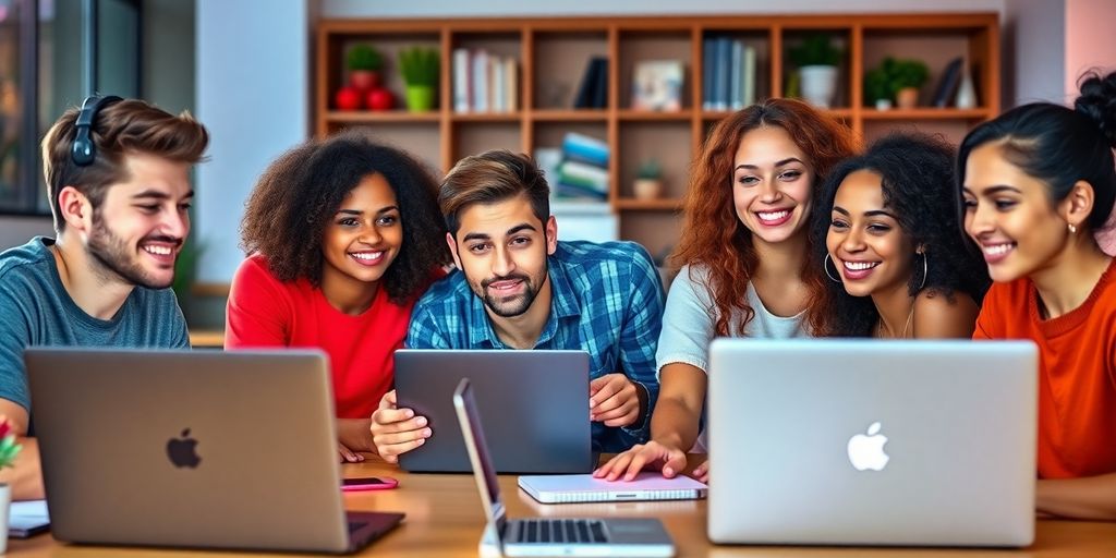 Diverse young adults participating in an online meeting together.