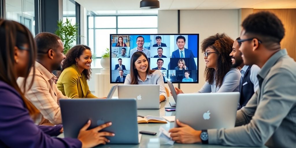 HR professionals engaged in a video conference in office.