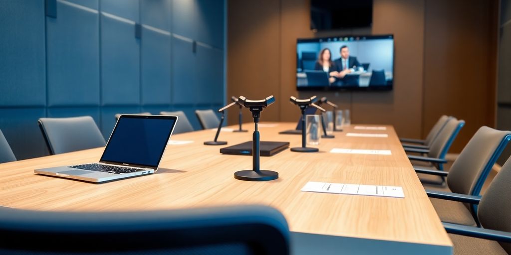 Secure conference room with laptops and microphones.