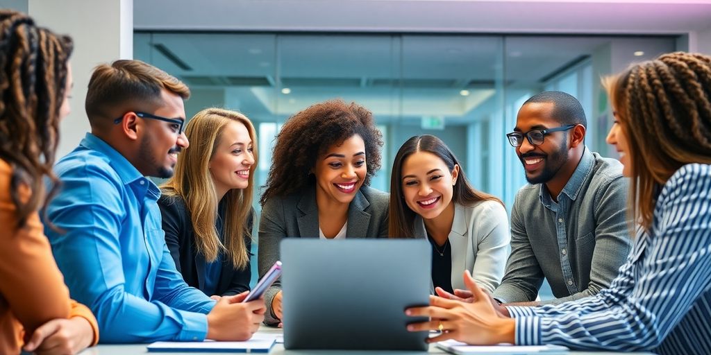 Diverse professionals collaborating in a modern meeting environment.