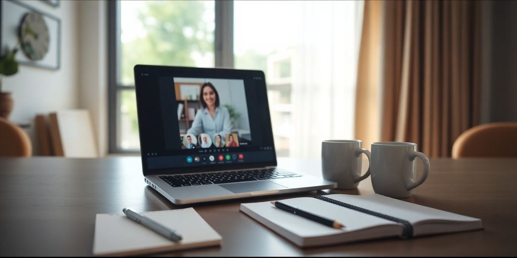 A professional workspace with a laptop and coffee cup.