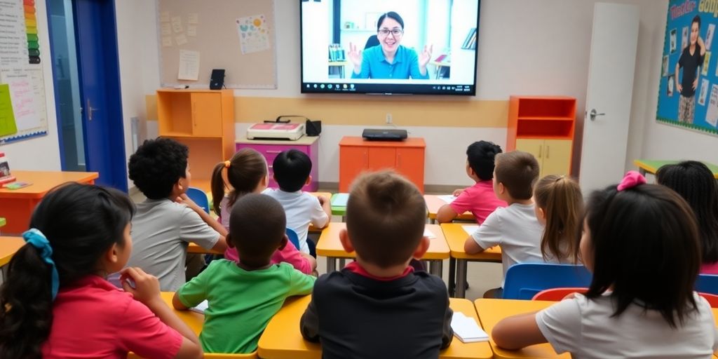 Students participating in a video conference in a classroom.