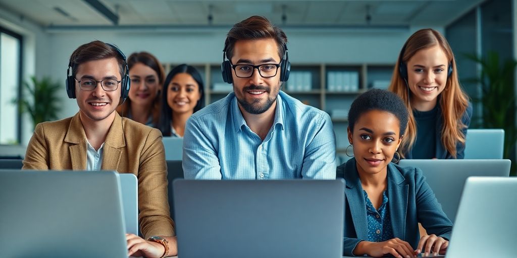 Diverse team engaged in a secure virtual meeting.