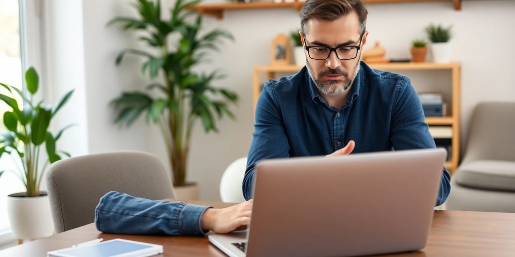 Manager reviewing performance remotely in a home office.