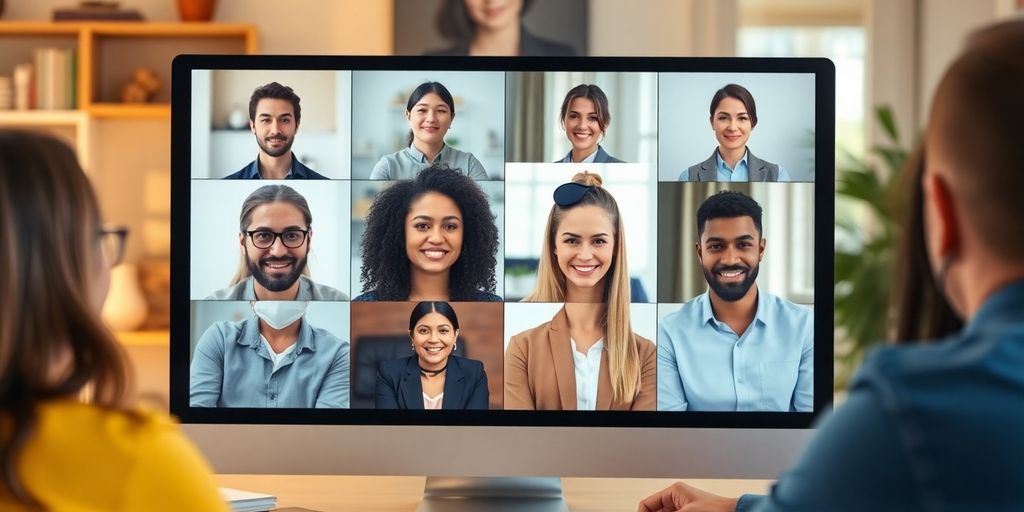 Diverse group engaged in a virtual webinar on a screen.