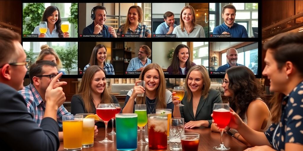 Participants enjoying drinks during a virtual happy hour.