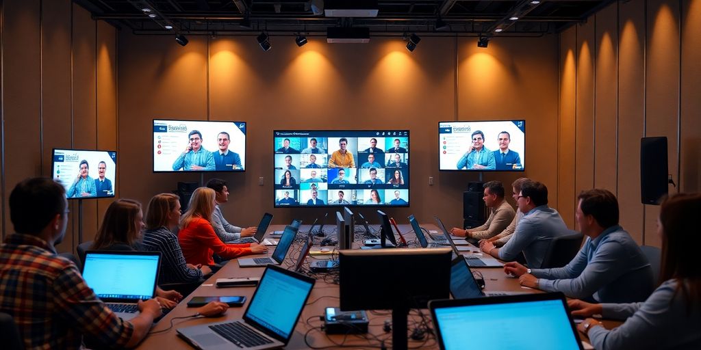 Diverse group engaging in a large webinar setup.