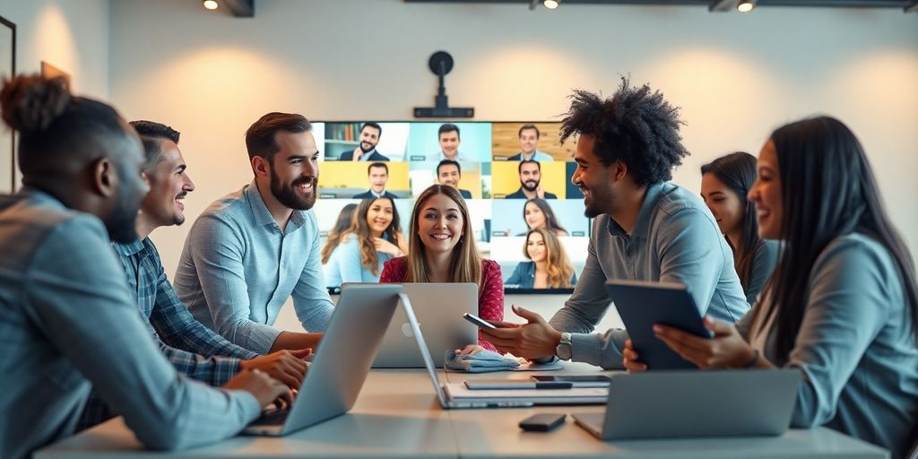 Diverse team engaged in a lively video conference meeting.