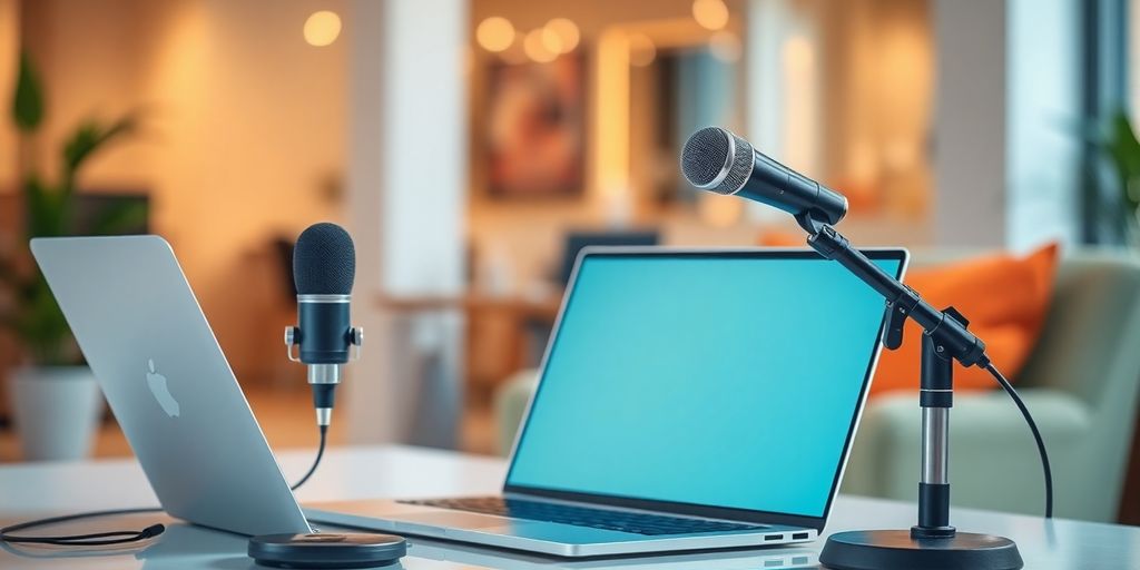 Modern setup for a virtual webinar with laptop and microphone.