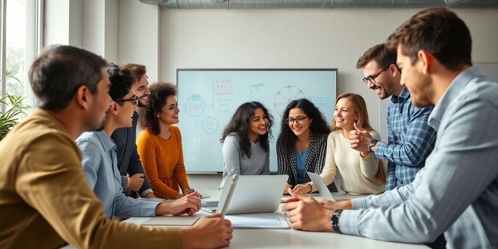 Diverse team collaborating on a digital whiteboard in office.