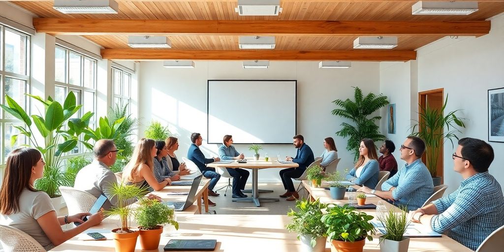 Conference room with plants and eco-friendly decor.