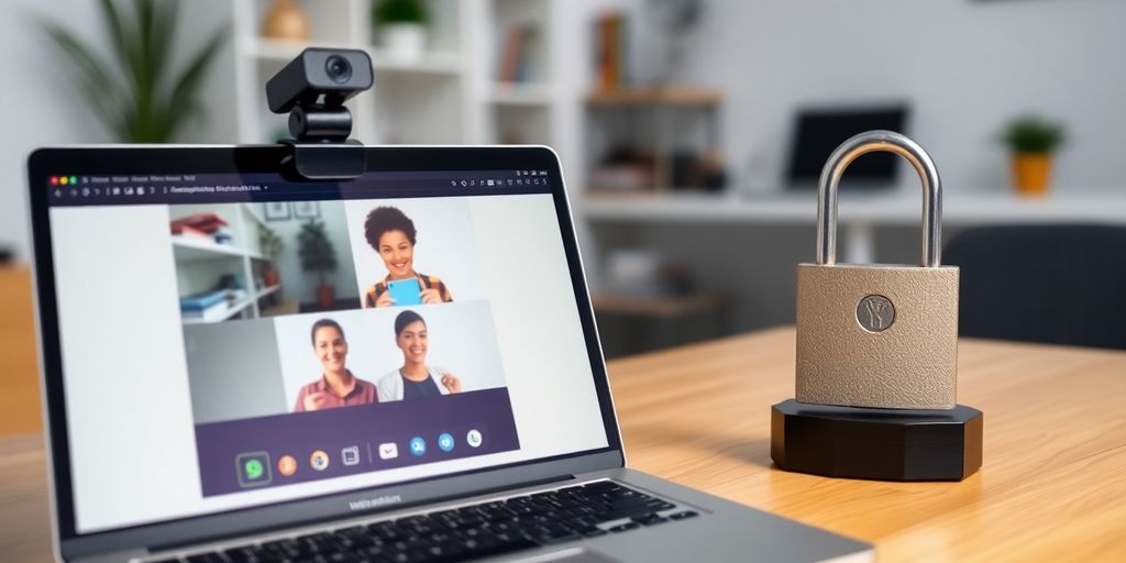 Secure virtual meeting setup with a laptop and padlock.