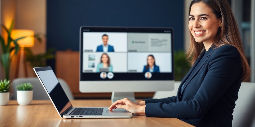 HR professional conducting a virtual interview with a laptop.