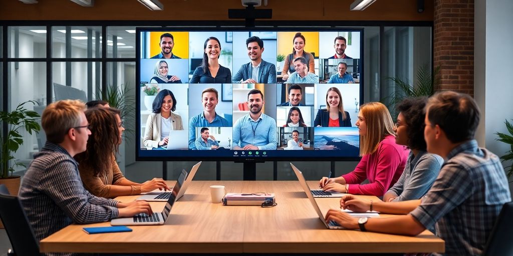 Diverse marketing team engaged in a video conference meeting.