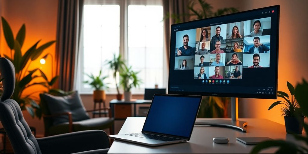 Home office with laptop and video conferencing setup.