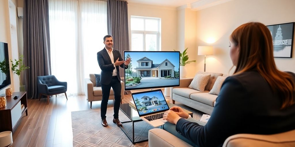 Real estate agent conducting a virtual property tour.