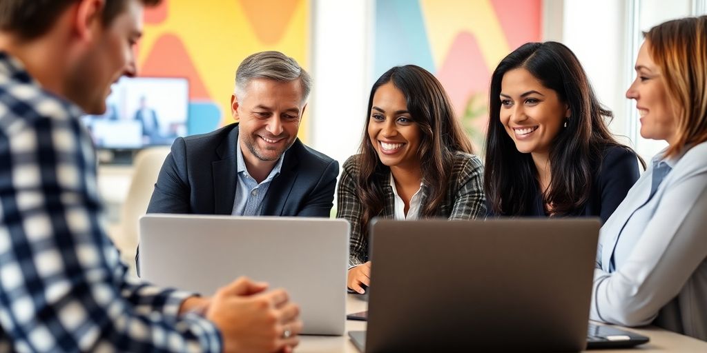 Sales team video conferencing with laptops in an office.