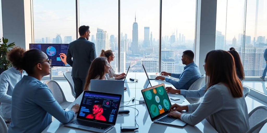 Futuristic office with people collaborating through technology.