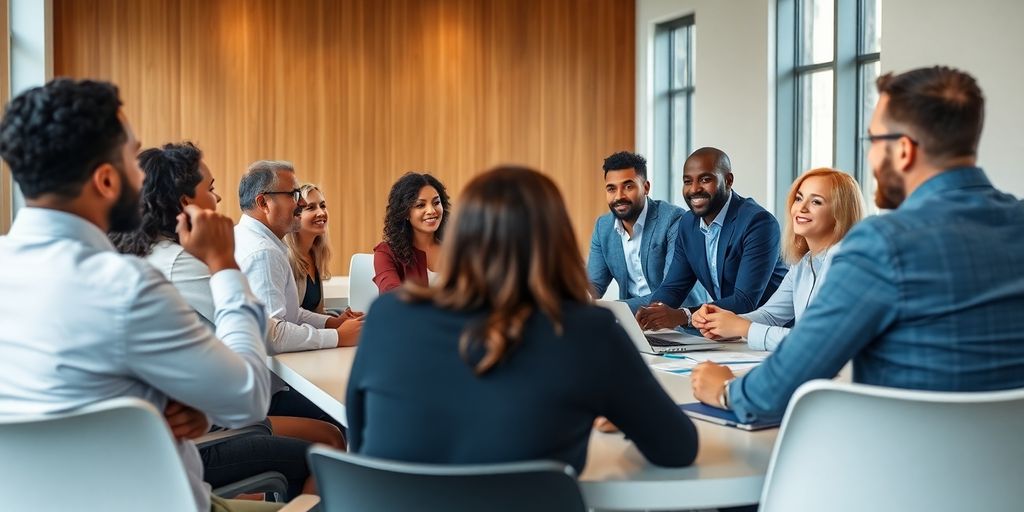 Diverse professionals collaborating in a bright meeting room.