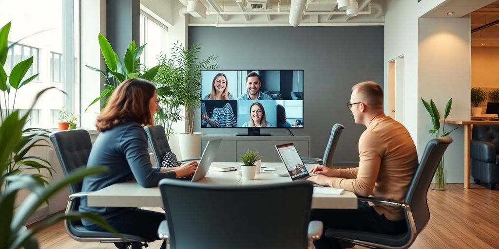 People in a bright office video conferencing together.