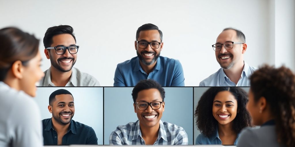 Employees smiling during a video conference call together.