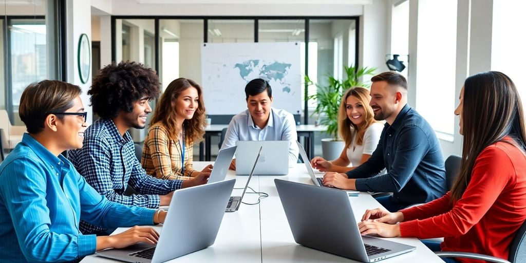 Diverse team collaborating in a modern hybrid workspace.