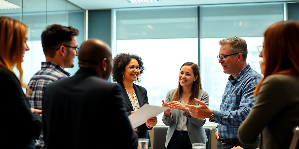 Team collaborating in a modern conference room.